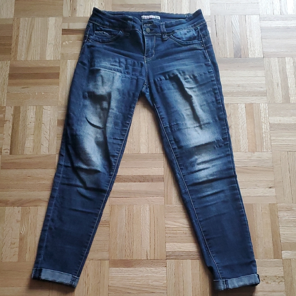 YMI Blue Skinny Jeans with Rolled Hems and Fading